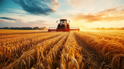 Naklejka premium In a wheat field, a farmer observes the setting light. Take in the farmer's harvest.