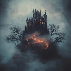 A spooky castle on a misty clifftop with glowing lights.