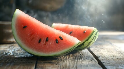 Fresh sliced watermelon on rustic wooden table, side view, vibrant pink flesh with black seeds,...