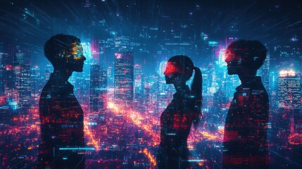 Fototapeta premium Silhouetted figures with digital overlays stand in a vibrant futuristic city, representing cyber communication, technology, and virtual interaction.