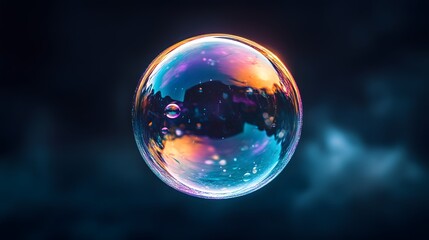 Iridescent soap bubble floating in air, rainbow reflections, dark background, macro photography, frozen moment, delicate surface tension, high-speed capture, abstract patterns.