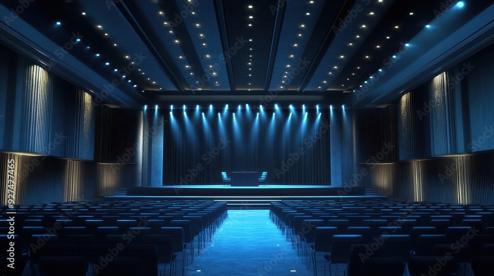 Poster a modern stage setup with blue lighting and empty seats, ready for an event or presentation.