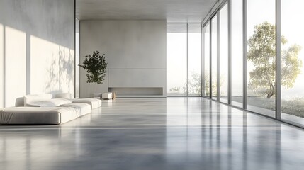 Fototapeta premium Minimalist interior design, open concept living space, neutral color palette, floor-to-ceiling windows, white walls, polished concrete floors, clean lines, uncluttered space, modern architecture.