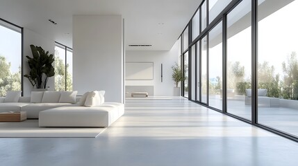 Fototapeta premium Minimalist interior design, open concept living space, neutral color palette, floor-to-ceiling windows, white walls, polished concrete floors, clean lines, uncluttered space, modern architecture.