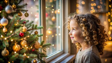 Curly little girl close up looking out a window at a Christmas tree