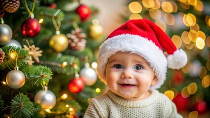 Cute baby wearing christmas hat with christmas tree on the background