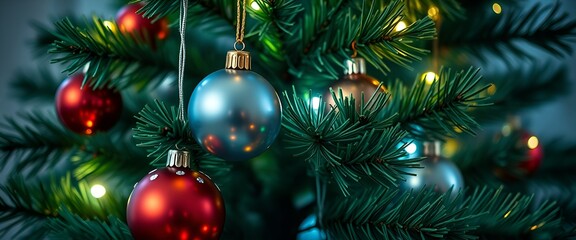 Fototapeta premium Isolated Evergreen Christmas Tree with Decorative Ornaments on Transparent Background