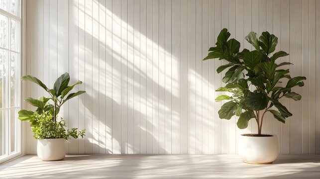 Minimalist interior, potted plants, white wooden wall paneling, light wooden floor, bright natural lighting, modern ceramic planters, fiddle leaf fig trees, clean lines, spacious room.