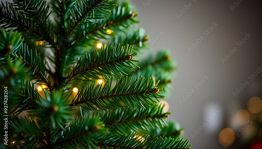 Poster isolated shiny green evergreen tree branch with glittering snowflakes on transparent background