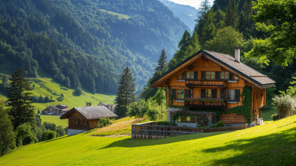 Wooden chalet or house in green landscape of Swiss Alps in summer - Powered by Adobe