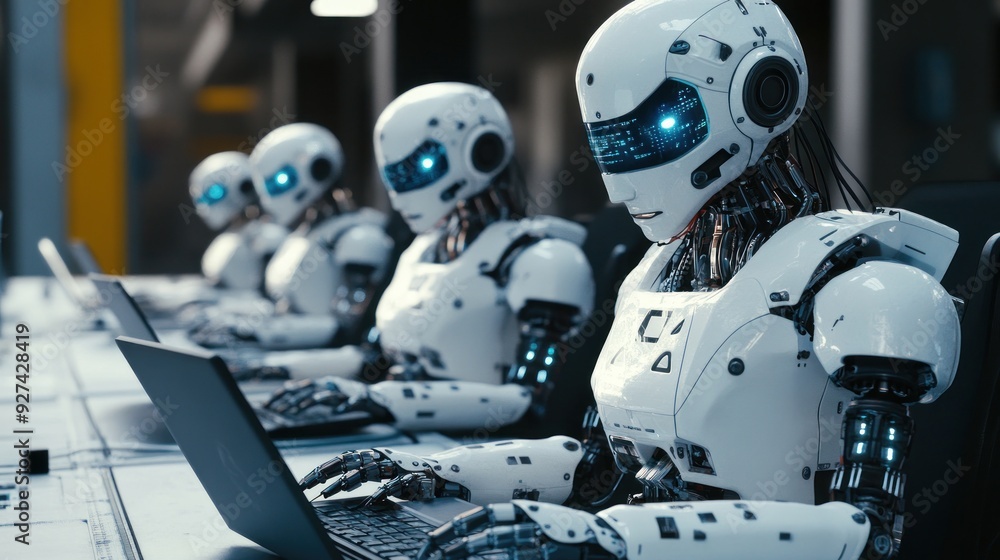 Poster futuristic robots working on laptops