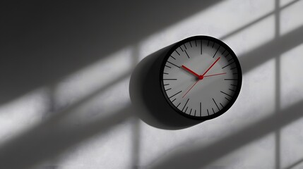 Minimalist wall clock, white wall background, no numbers, clean design, black frame, red second hand, monochromatic color scheme, modern interior, simplistic aesthetic.