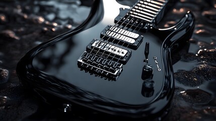 Naklejka premium Modern electric guitar, glossy black finish, studio lighting, reflective surface, musical instrument close-up, sleek design, chrome hardware, strings detail, abstract background.