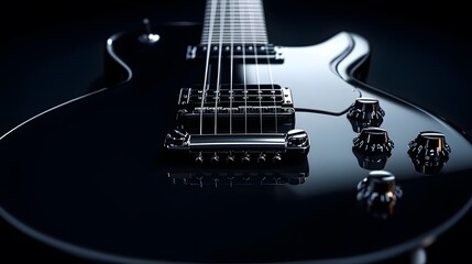 Modern electric guitar, glossy black finish, studio lighting, reflective surface, musical instrument close-up, sleek design, chrome hardware, strings detail, abstract background.