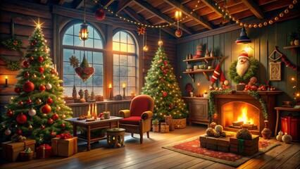 Fototapeta premium Santa Claus home and workshop, Christmas interior background