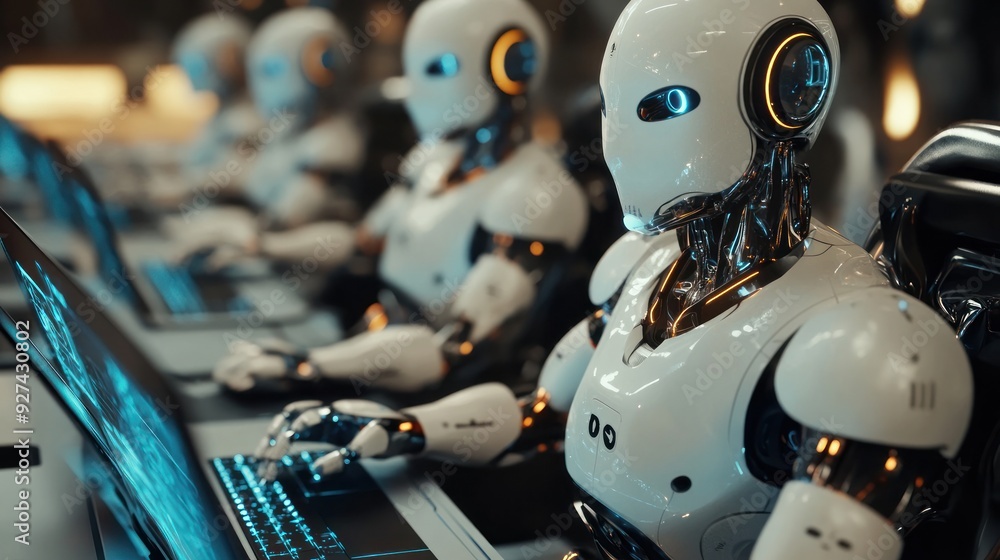Poster humanoid robots working in a futuristic data center