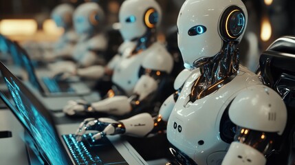 Fototapeta premium Humanoid Robots Working in a Futuristic Data Center