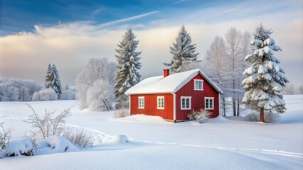 Red cottage in a white winter scandinavian landscape