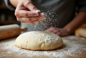 Chef's hands sprinkling flour
