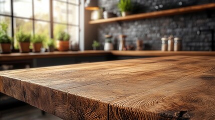 A rustic wooden table top with a smooth finish in the foreground