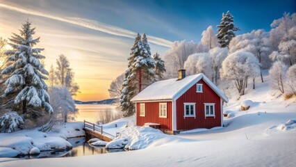 Red cottage in a white winter scandinavian landscape