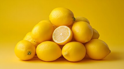 Pyramid of fresh lemons on pale yellow background, vibrant citrus fruits, stacked arrangement, bright yellow color, natural textures, minimalist composition, food photography.