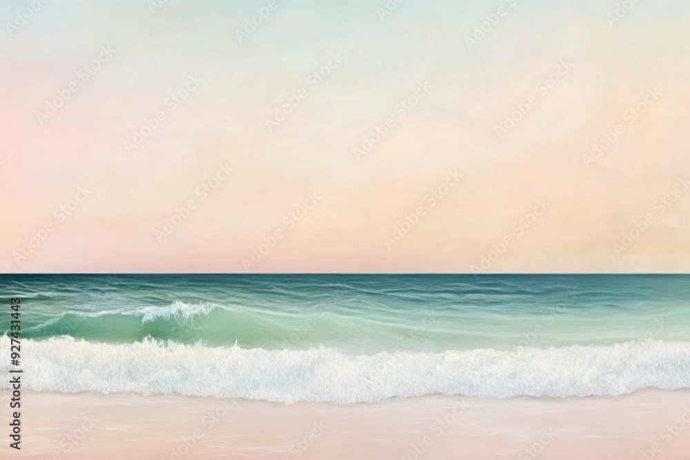 Poster A tranquil beach scene with a gentle wave crashing onto the shore. The sky is a soft pastel pink, with a touch of blue.