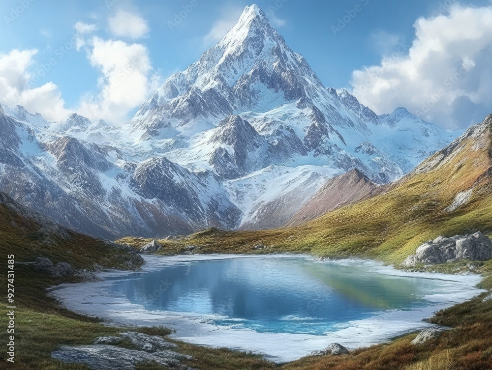 Wall mural A tranquil lake nestled amidst snow-capped mountain peaks, the crystal-clear water reflecting the majestic scenery.