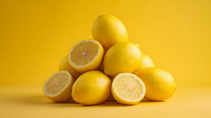 Pyramid of fresh lemons on pale yellow background, vibrant citrus fruits, stacked arrangement, bright yellow color, natural textures, minimalist composition, food photography.