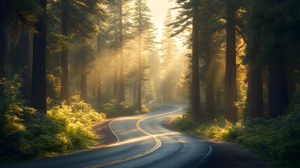 Obraz premium Redwood forest, winding road, sunlit forest, towering trees, lush green foliage, dappled sunlight, vibrant colors, golden hour, atmospheric lighting, curved highway, majestic nature.