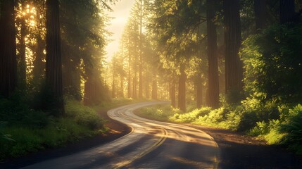 Fototapeta premium Redwood forest, winding road, sunlit forest, towering trees, lush green foliage, dappled sunlight, vibrant colors, golden hour, atmospheric lighting, curved highway, majestic nature.