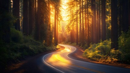 Obraz premium Redwood forest, winding road, sunlit forest, towering trees, lush green foliage, dappled sunlight, vibrant colors, golden hour, atmospheric lighting, curved highway, majestic nature.
