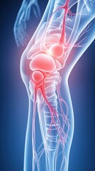 High-resolution 3D medical illustration of the human knee, focusing on muscles, nerves, and joint anatomy, highlighting the lower leg structure.
