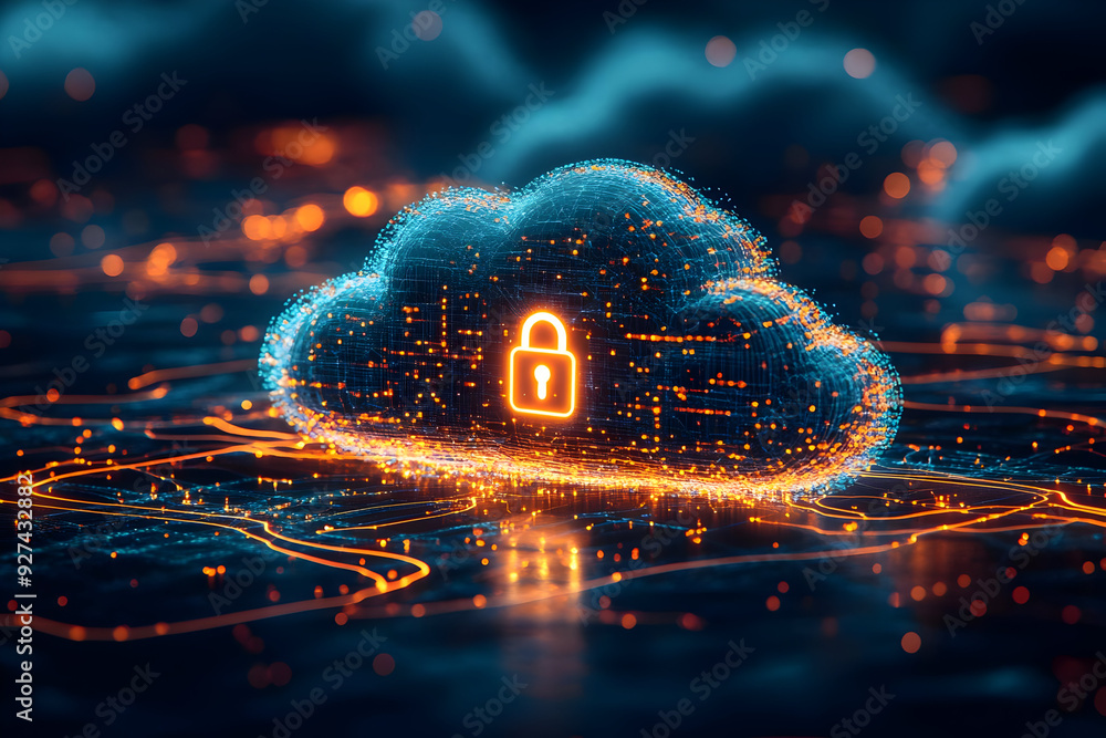 Poster a digital cloud with a secure lock symbol representing data protection, privacy, and cybersecurity i