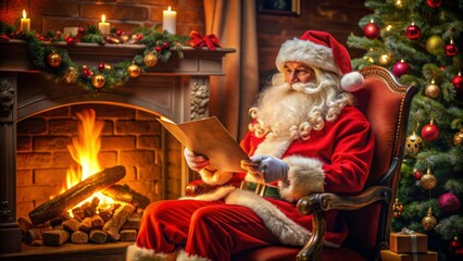 Santa Claus sitting in his chair near fireplace and reading newspaper