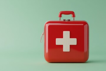 Obraz premium Red first aid kit with white cross symbol on pastel green background.