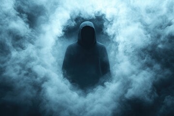 Mysterious hooded figure emerging from thick smoke in a dark and eerie atmosphere..