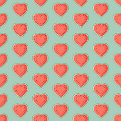 Heart shaped watermelon slices seamless pattern. Summer fruit vector illustration. Tropical fruit background for Valentines day, baby fabric, kids textile, packaging, wrapping, scrapbook, wallpaper.