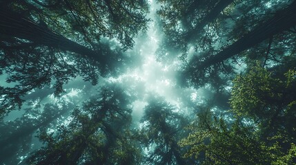Obraz premium A misty morning in an ancient redwood forest, with towering trees shrouded in fog and a serene, otherworldly atmosphere