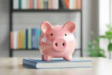 Pink piggy bank on a book symbolizing savings and financial education.