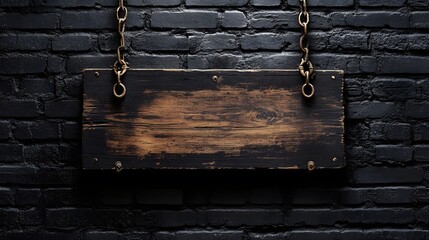 Wooden sign, hanging from chains, black brick wall, rustic wood texture, empty signboard, weathered wood, contrast of materials, industrial style, close-up shot, textured background.
