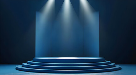 Obraz premium A dramatic stage setup with blue lighting, perfect for performances and presentations, creating an ambiance of anticipation.