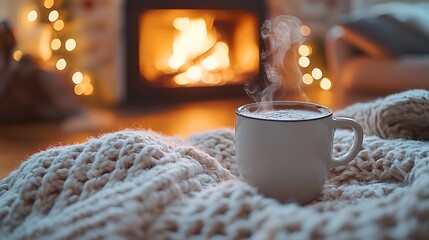 A cozy winter scene featuring a crackling fireplace, a mug of steaming hot cocoa, and a soft blanket, evoking warmth and comfort