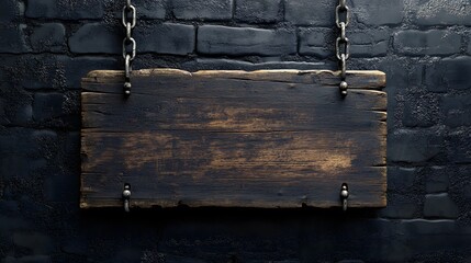 Wooden sign, hanging from chains, black brick wall, rustic wood texture, empty signboard, weathered wood, contrast of materials, industrial style, close-up shot, textured background.