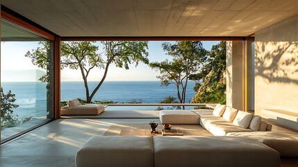 A minimalist interior with large windows offering a breathtaking ocean view, the simple decor enhancing the natural beauty outside