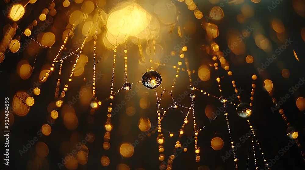 Poster a close-up of delicate dewdrops hanging from a spider web, each droplet capturing the light and crea
