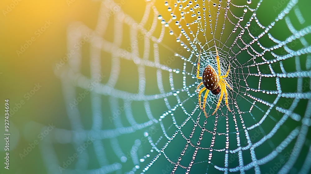 Poster a close-up of delicate dewdrops hanging from a spider web, each droplet capturing the light and crea