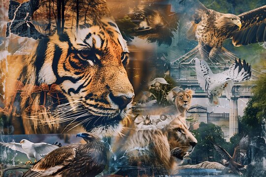 An abstract collage featuring a close-up of a tiger, lion, and various birds, blending wildlife imagery with artistic elements in a surreal composition.