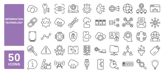 Set of 50 line icons related to information technology, big data, cloud computing, cloud services, server, cyber security, digital transformation, Editable stroke. Vector illustration