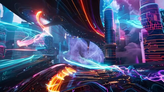 Neon Cityscape: A mesmerizing digital art depiction of a futuristic urban landscape with vibrant neon lights, glowing trails, and a dynamic composition. This abstract piece captures the energy and exc